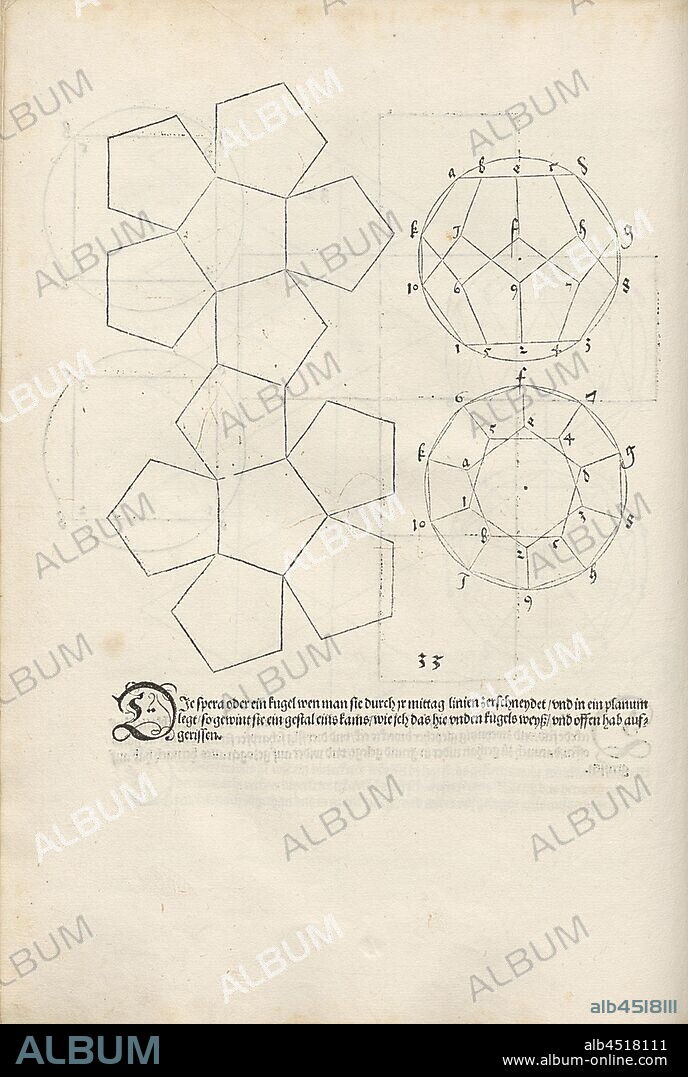Dodekaeder, Polyhedron, 33, F. 72r, p. 148, Dürer, Albrecht, 1525, Albrecht Dürer: Underweysung der Messung, mit dem Zirckel und Richtscheyt, in Linien ebnen unnd gantzen Corporen. [Nürnberg], [s. n.], [1525.].