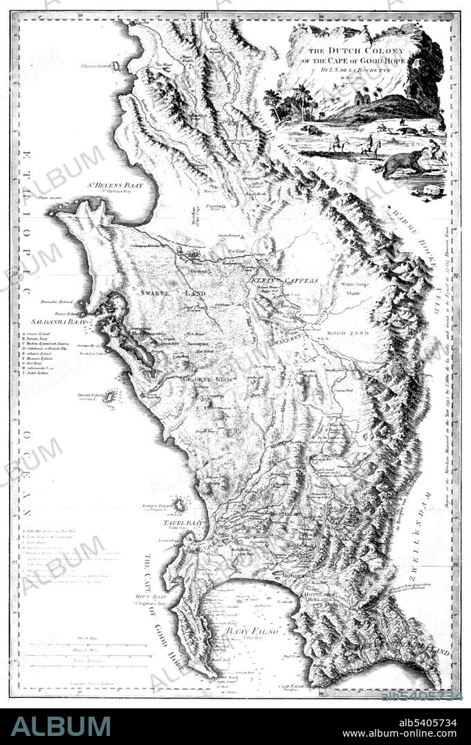 L.S. de la Rochette's map of the Cape of Good Hope. During the Napoleonic Wars, the Dutch Republic was occupied by the French in 1795. Thus the Cape Colony became a French vassal and enemy of the British. Therefore, the United Kingdom invaded and occupied the Cape Colony that same year. No biographical information can be found for Rochette. From William Faden's General Atlas, 1795. William Faden (1749 - 1836) was an English cartographer and a publisher of maps. He was the royal geographer to King George III.