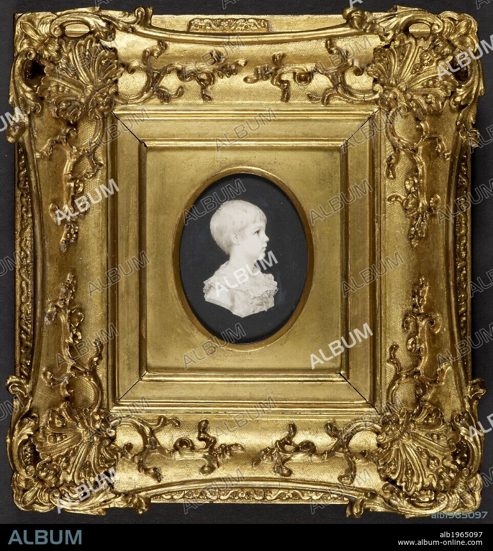 SAMUEL ANDREWS. A small boy. Head and shoulders cameo portrait to right in grisaille of a small boy, wearing a coat with a frilled collar, probably the son of Col. Robert Sutherland. Gouache. Grisaille on ivory; 8.7 by 6.5 cm, oval.c.1803 - 1804. European school. British school. . Source: WD 4423.