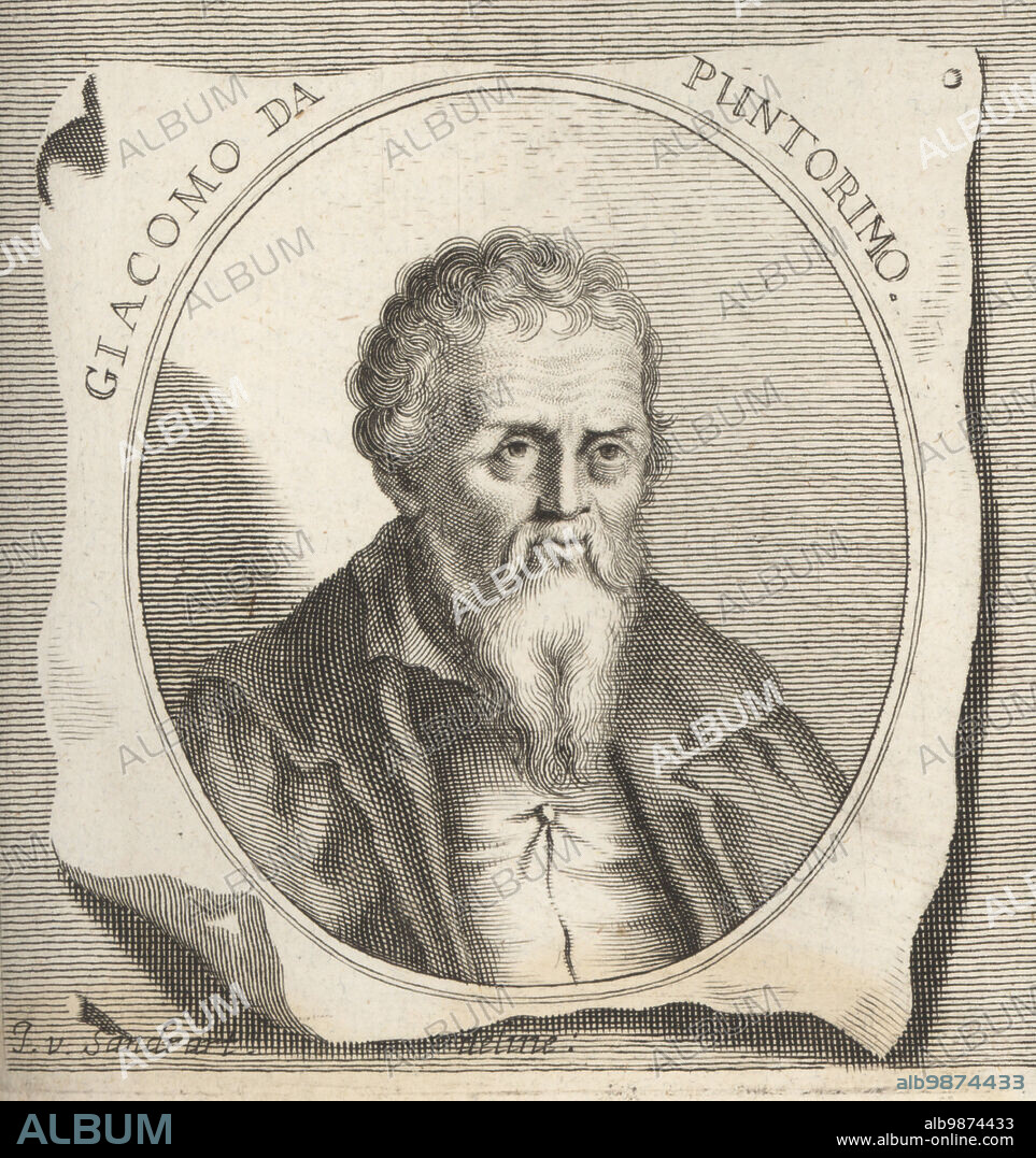 Pontormo, Jacopo Carucci, Jacopo da Pontormo or Jacopo Pontormo, Italian Mannerist painter and portraitist from the Florentine School, 1494-1557. Giacomo da Puntorimo. Copperplate engraving by Philipp Kilian after an illustration by Joachim von Sandrart from his LAcademia Todesca, della Architectura, Scultura & Pittura, oder Teutsche Academie, der Edlen Bau- Bild- und Mahlerey-Kunste, German Academy of Architecture, Sculpture and Painting, Jacob von Sandrart, Nuremberg, 1675.
