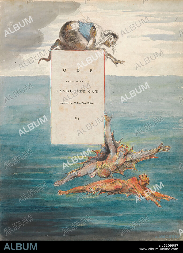 The Poems of Thomas Gray, Design 7, 'Ode on the Death of a Favourite Cat.', William Blake, 17571827, British, between 1797 and 1798, Watercolor with pen and black ink and graphite on moderately thick, slightly textured, cream wove paper with inlaid letterpress page, Sheet: 16 1/2 x 12 3/4 inches (41.9 x 32.4 cm), cat (domestic cat), corset, fish, literary theme, religious and mythological subject, scales, text, water.