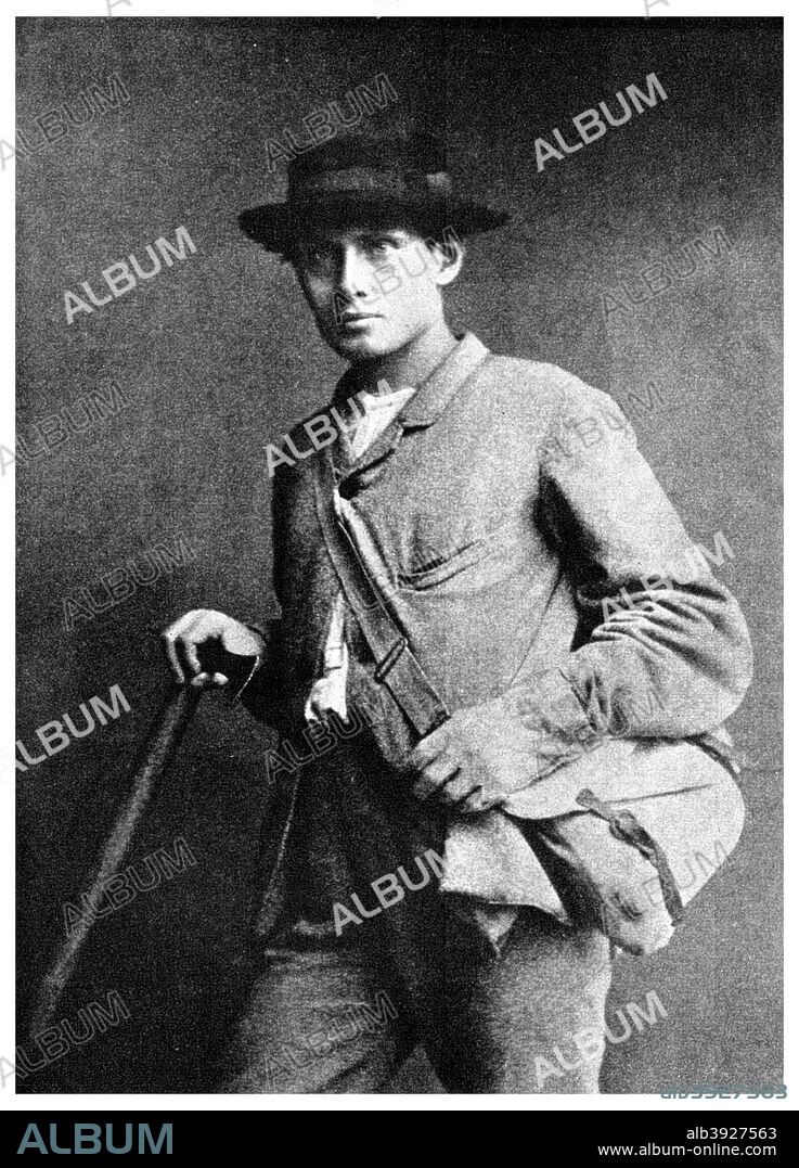 Edward Whymper, British mountaineer, 1865 (1956). Whymper is best known for his involvement in the first ascent of the Matterhorn, accomplished in 1865. Whymper reached the summit with Charles Hudson, Lord Francis Douglas, Douglas Hadow, accompanied by guides Michel Croz and the two Peter Taugwalders (father and son). Hadow, Croz, Hudson and Douglas were killed in a fall on the descent. He later went on to travel and climb in Greenland, South America and the Canadian Rockies. A print from People, a volume about the origin and early history of many things, common and less common, essential and inessential, by Readers Union, the Grosvenor Press, London, 1956.