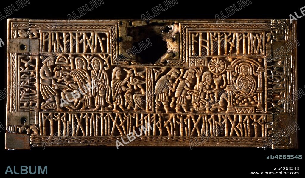 The Franks Casket (or the Auzon Casket) is a small Anglo-Saxon whale's bone (not "whalebone" in the sense of baleen) chest from the early 8th century, now in the British Museum. The casket is densely decorated with knife-cut narrative scenes in flat two-dimensional low-relief and with inscriptions mostly in Anglo-Saxon runes. Generally reckoned to be of Northumbrian origin.