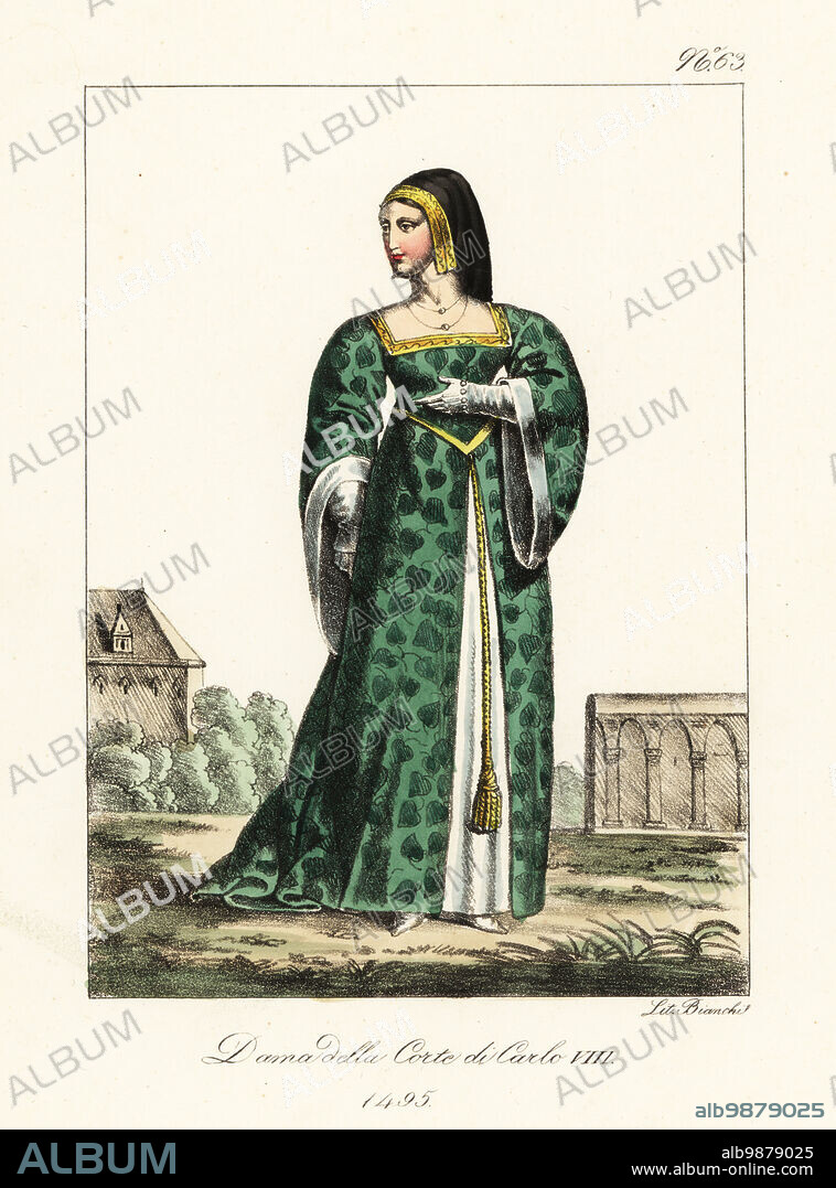 French lady of the court of King Charles VIII of France, 1495. In headdress with black veil, green gown with leaf pattern, white petticoat, slippers, gloves. Dame de la Cour de Charles VIII. Handcoloured lithograph by Lorenzo Bianchi after Hippolyte Lecomte from Costumi civili e militari della monarchia francese dal 1200 al 1820, Naples, 1825. Italian edition of Lecomtes Civilian and military costumes of the French monarchy from 1200 to 1820.