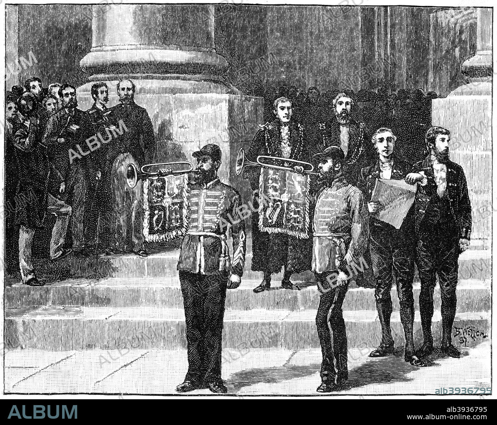 Heralds at the Mansion House proclaiming the queen as Empress of India, London, May 1876, (1900). Queen Victoria extends her power over the British Empire. Illustration from The Life and Times of Queen Victoria, by Robert Wilson, Volume IV, (Cassell and Company, London, Paris, New York, Melbourne, 1900).
