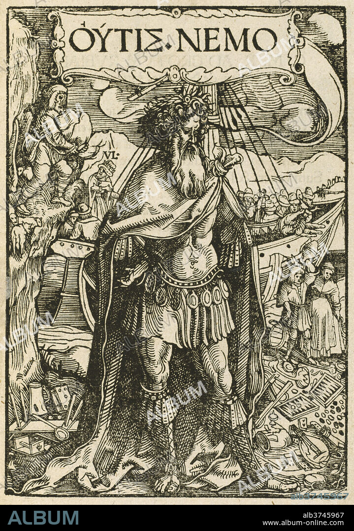 II AND ULRICH VON HUTTEN HANS WEIDITZ (AUTHOR). OUTIS NEMO. Dated: 1518. Dimensions: image: 18.9 x 13.7 cm (7 7/16 x 5 3/8 in.)  accessory size: 19.2 x 14.2 x 0.7 cm (7 9/16 x 5 9/16 x 1/4 in.). Medium: Bound volume with woodcut illustration for title page.