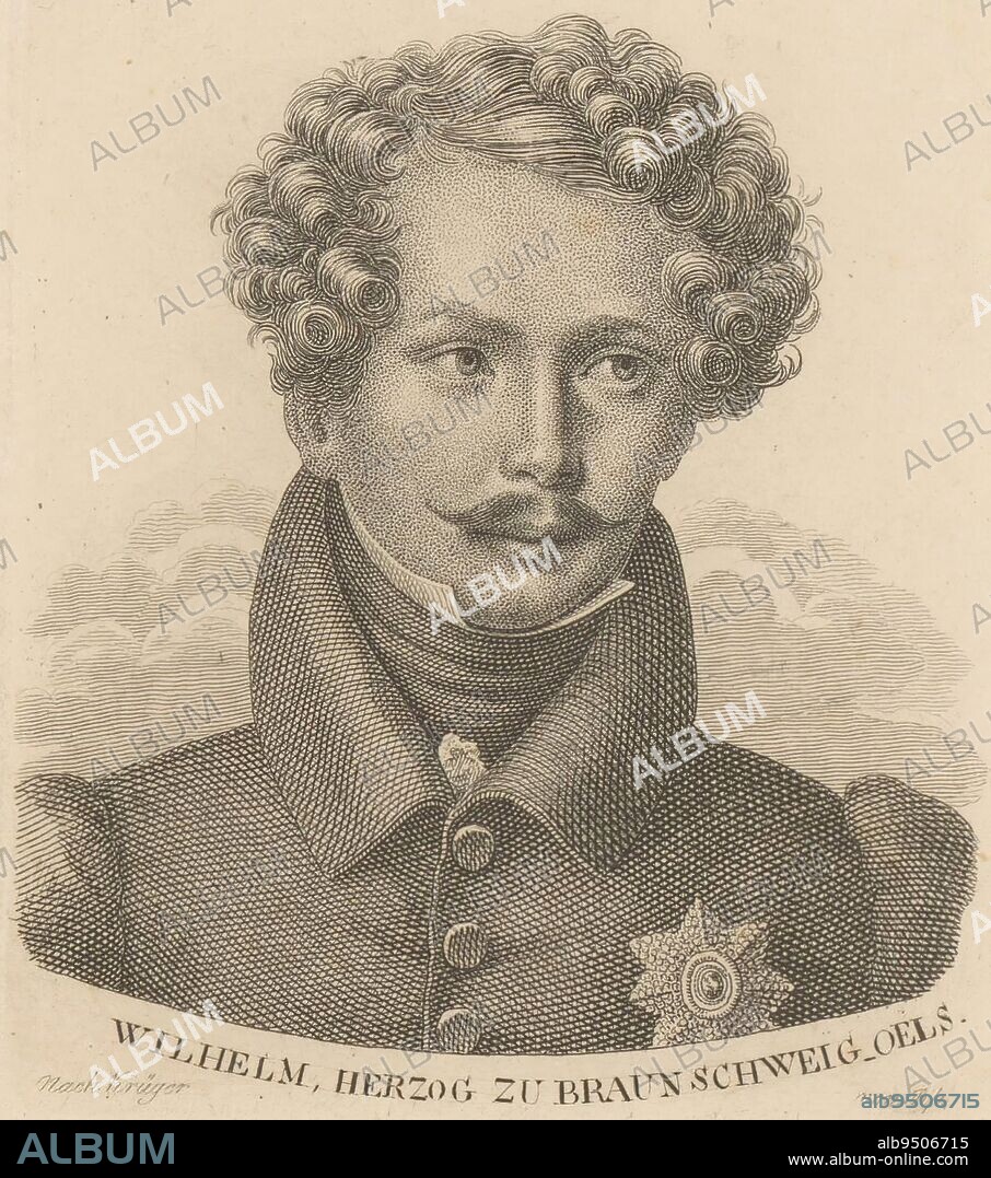 Portrait of William August Lodewijk Maximilian Frederick of Brunswick-Wolfenbüttel-Bevern, Ernst Ludwig Riepenhausen, after Arthur F. Krüger, 1775 - 1840, print maker: Ernst Ludwig Riepenhausen, (mentioned on object), Krüger, (mentioned on object), 1775 - 1840, paper, engraving, h 105 mm - w 89 mm.