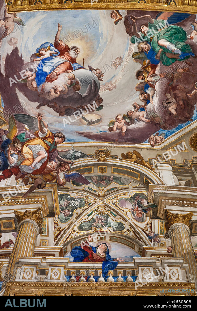 Genoa, Basilica of SS. Annunziata del Vastato, apse, the choir apse basin with illusionistic architecture, scenes of the Life of Mary the Virgin: the Annunciation. Fresco by Giulio Benso, 1637-38.
