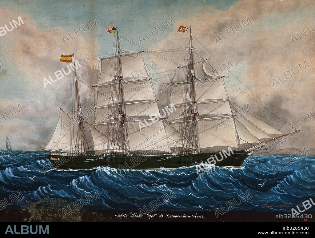 Sailing Vessel. Corvette: Linda. Built in Arenys de Mar. Captain: Don Buenaventura Ferrer. Watercolor of Jose Pineda Guerra (1837-1907), 1899. Maritime Museum of Barcelona, Spain.