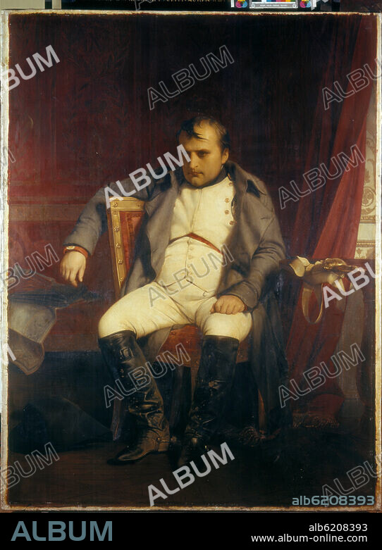 Napoleon I. Bonaparte, Kaiser der Franzosen, 1769-1821. "Napoleon I. zu Fontainebleau am 31. März 1814 nach Empfang der Nachricht vom Einzug der Verbündeten in Paris". Gemälde, 1845, von Paul Delaroche. (1797-1856). Öl auf Leinwand, 180,5 × 137,5 cm. Leipzig, Museum der Bildenden Künste.