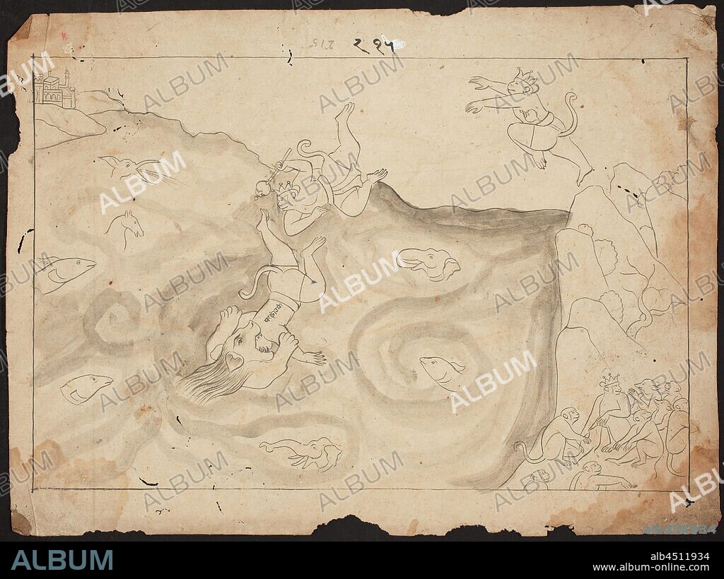 Unknown (Indian), Ink Drawing from a Ramagma series, c. 1800, Ink on paper, Image: 8 1/4 × 12 1/4 inches (21 × 31.1 cm).