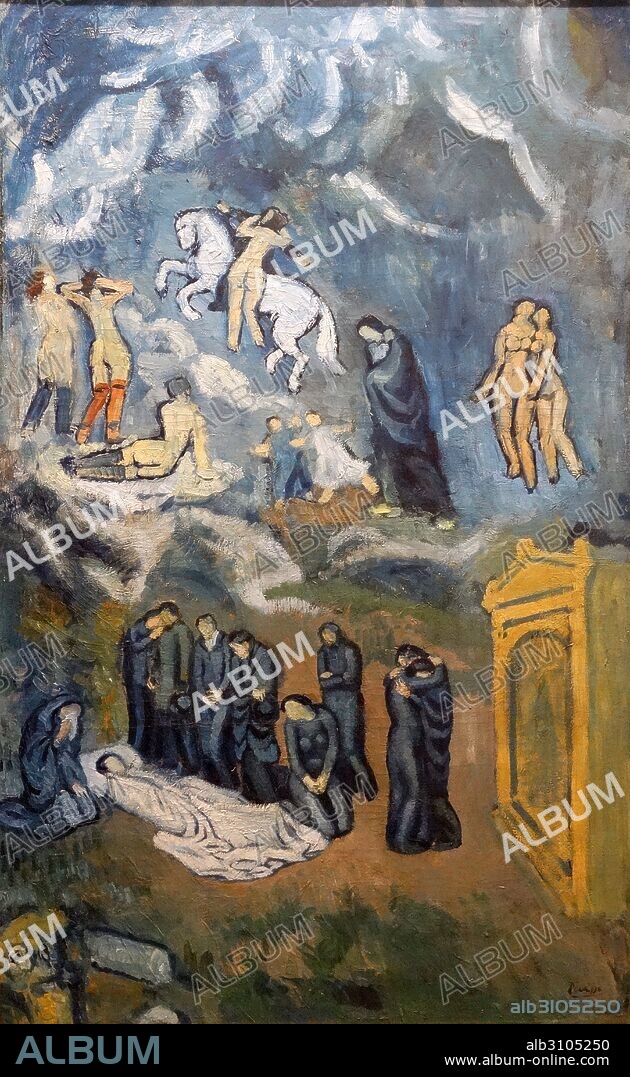 Painting titled 'Evocation The Burial of Casagemas' by Pablo Picasso (1881-1973) Spanish painter, sculptor, printmaker, ceramicist, stage designer, poet and playwright. Dated 1901.