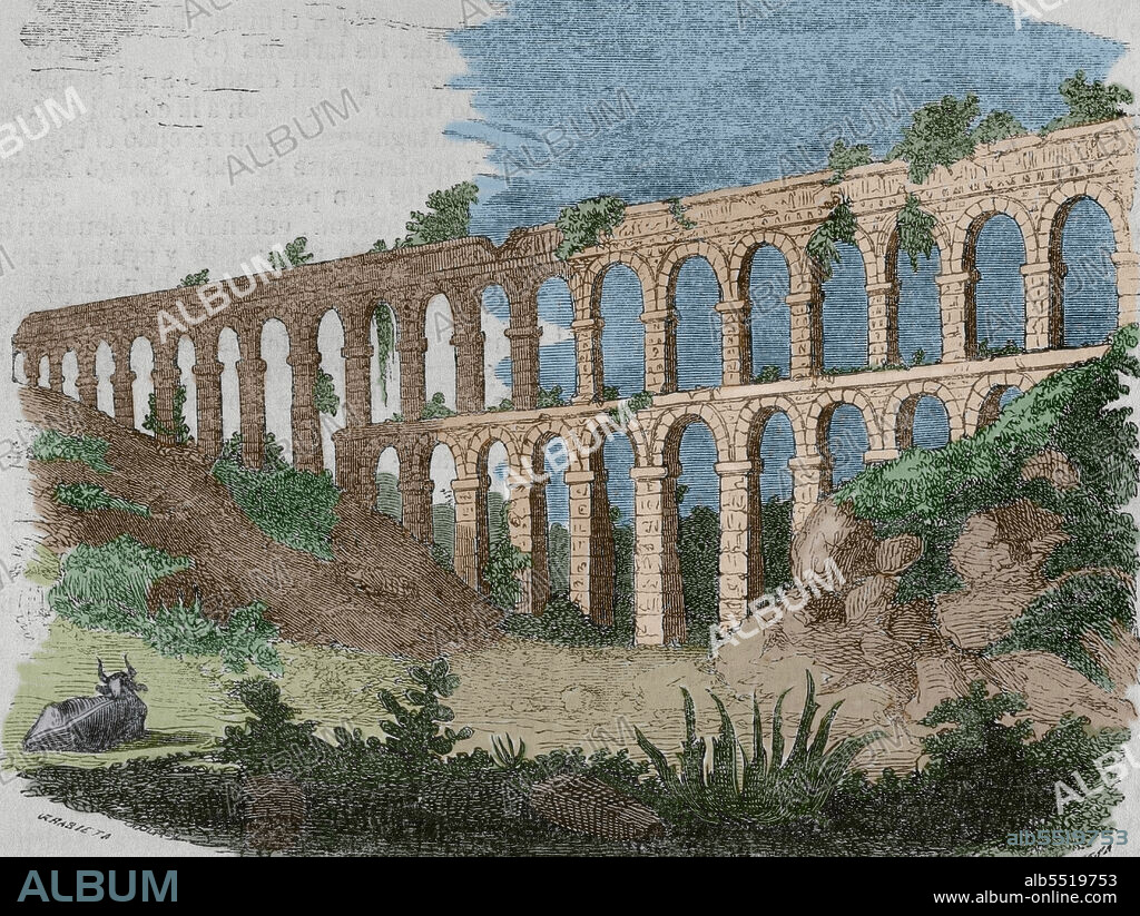URRABIETA. 19TH CENTURY SPANISH ARTIST. ILDEFONSO CIBERA. 19TH CENTURY SPANISH ENGRAVER.. Spain, Catalonia. Aqueduct of Tarragona, also known as the Bridge of Ferreres or Pont del Diable. It was built during the time of Emperor Augustus (63 BC-14 AC) to supply water to the city of Tarragona, from the nearby river Francolí. Illustration by Urrabieta. Engraving by Cibera. Later colouration. Historia General de España Father Mariana. Madrid, 1852.