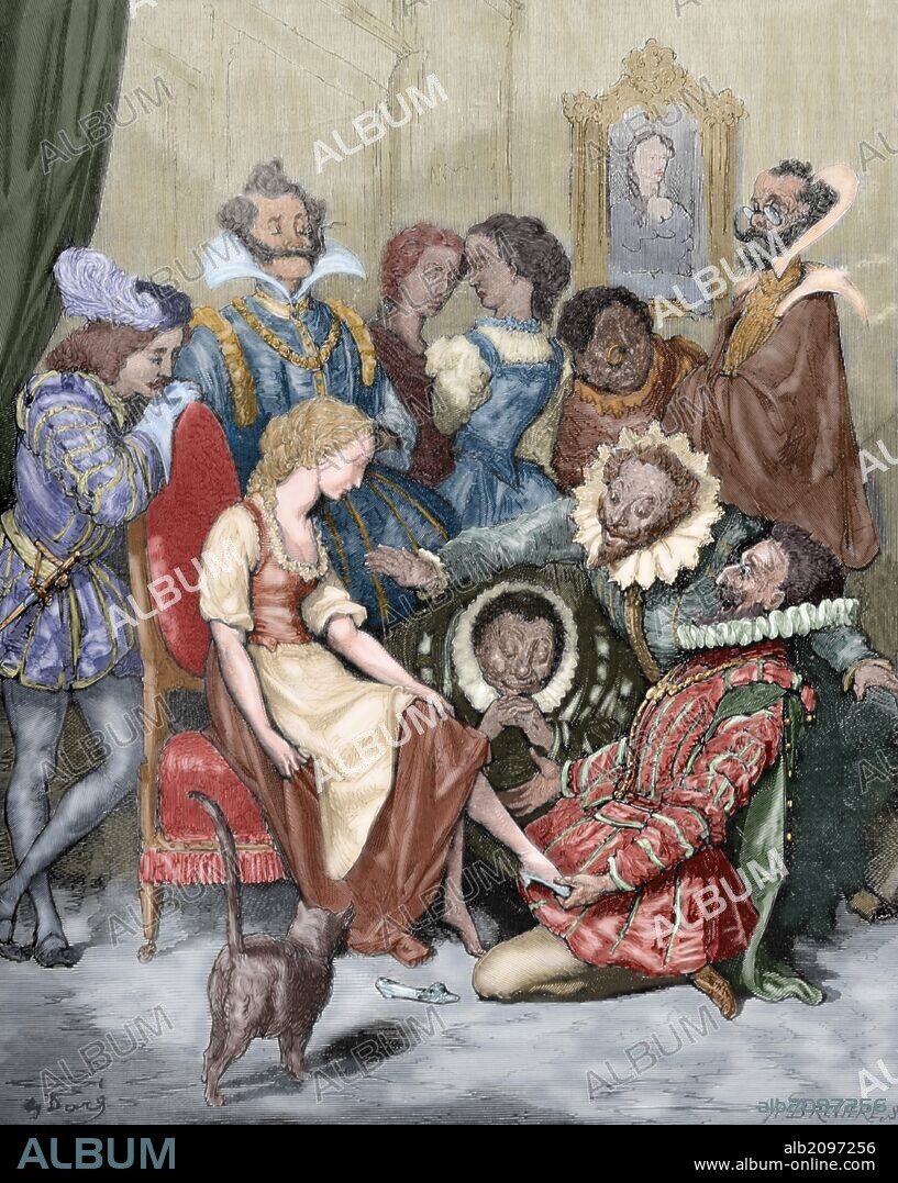 PAUL GUSTAVE DORÉ (après). Cinderella. Character in the tale written by Charles Perrault. The gentleman putting the slipper in his tiny foot, saw that he was very suitable. Engraving. The Illustrated World, 1882. Colored.