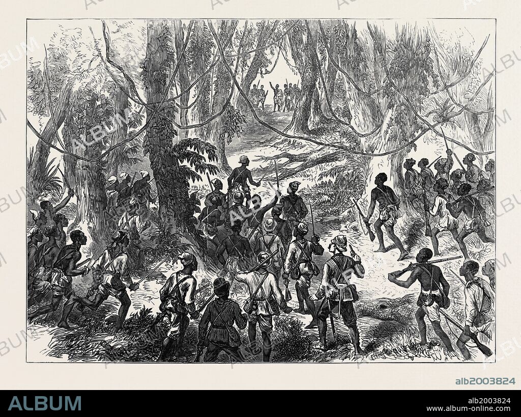 THE ASHANTEE WAR: LORD GIFFARD AND ADVANCE SCOUTS ON THE ADANSI HILLS WARNED BY AN ASHANTEE PRIEST NOT TO GO FORWARD, 1874.