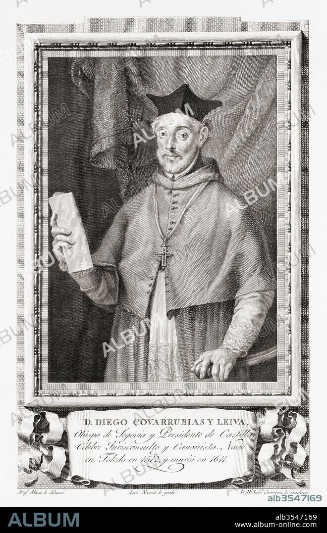 Diego de Covarrubias y Leyva or Covarruvias,1512 – 1577. Spanish jurist and Roman Catholic prelate who served as Archbishop (Personal Title) of Cuenca (1577-1577), Archbishop (Personal Title) of Segovia (1564-1577), Archbishop (Personal Title) of Ciudad Rodrigo (1560-1564), and Archbishop of Santo Domingo (1556-1560). After an etching in Retratos de Los Españoles Ilustres, published Madrid, 1791.