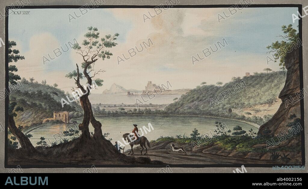 View of the Lake Avernus from the road between Puzzoli and Cuma, Plate XXIX,  from 'Campi Phlegraei: Observations on the Volcanoes of the Two Sicilies', by Sir William Hamilton (1730-1803), published 1776 (hand coloured engraving). 2. Outside of the cone of the Monte Nuovo; 3. Small remains of the Lucrine Lake; 4. Baia; 5. Point of Misenum; 6. Ruins of the Temple of Proserpine;  7. The 'Sybils Grotto'.