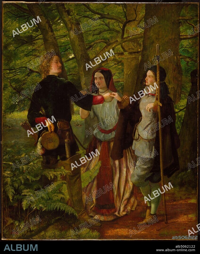 As You Like It, Act IV Scene I, Rosalind Tutoring Orlando in the Ceremony of Marriage or The Mock Marriage of Orlando and Rosalind, 1850 By Walter Howell Deverell and Dante Gabriel Rossetti, Oil Painting, Literature, William ShakespearePre-Raphaelite, Scene.