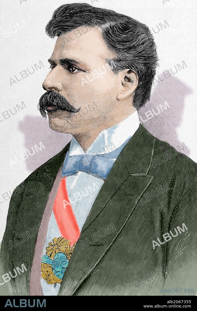ARTURO CARRETERO Y SÁNCHEZ. Julio Herrera y Obes (Montevideo, 1841-1912). Político y presidente constitucional uruguayo entre los años 1890 y 1894. Grabado por Carretero. "La Ilustración Española y Americana", año 1892. Coloreado.