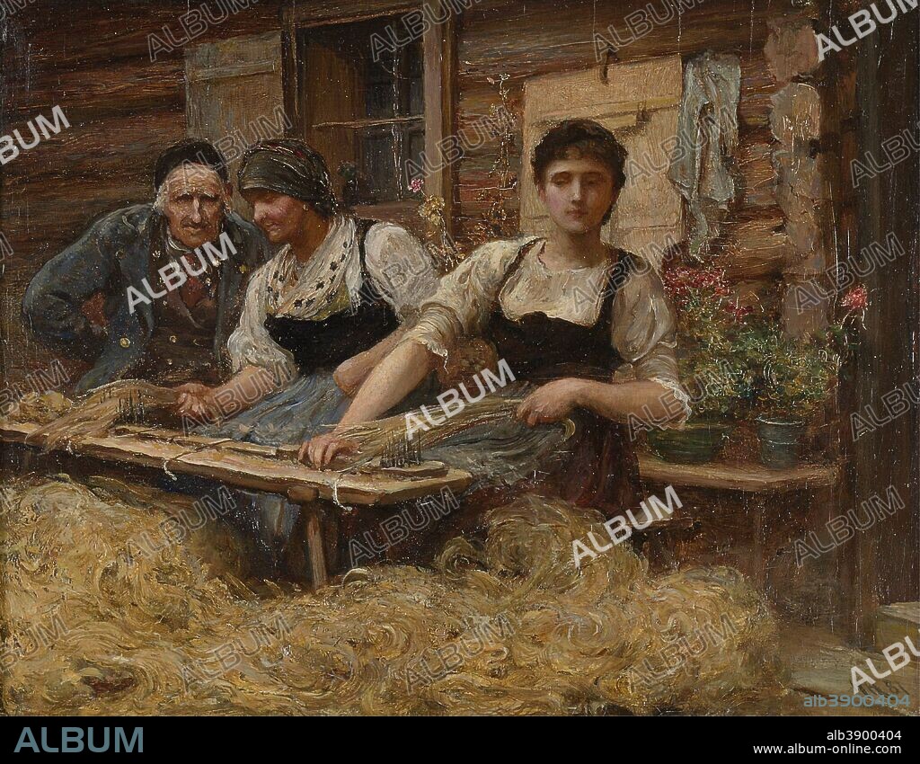 HUBERT VON HERKOMER. Carding Wool. Date/Period: 1881. Painting. Height: 16.5 cm (6.4 in); Width: 50.8 cm (20 in).
