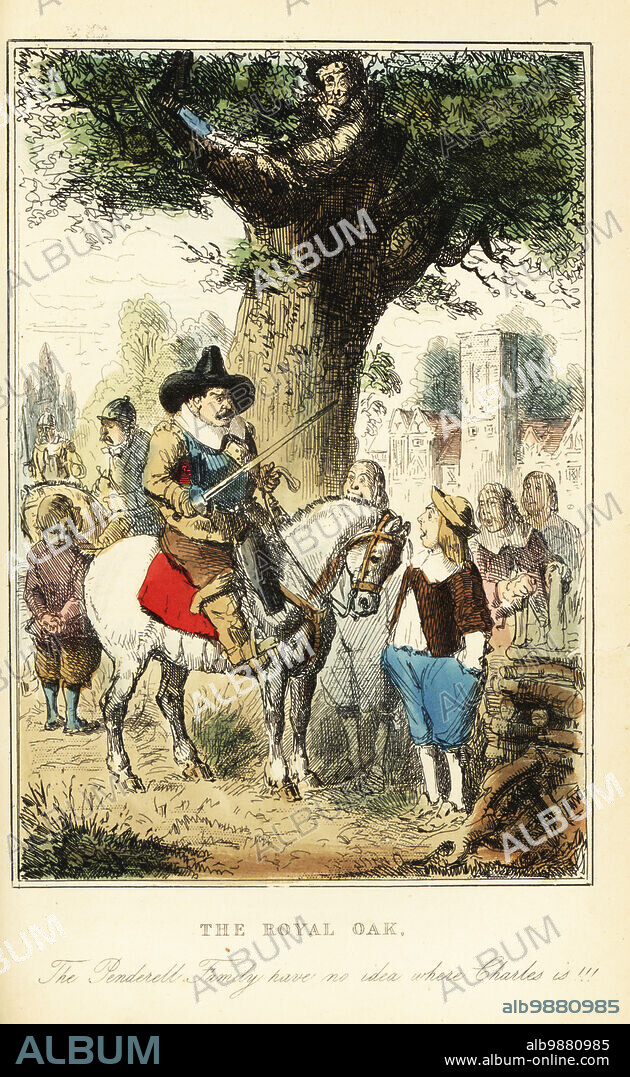 King Charles II hiding up an oak tree in Boscobel Wood, after the Battle of Worcester, 1651. Parliamentarian or Roundhead soldier interrogate a local Royalist family. The Royal Oak. The Penderell Family have no idea where Charles is! Handcoloured steel engraving after an illustration by John Leech from Gilbert Abbott ABecketts Comic History of England, Bradbury, Agnew & Co., London, 1880.