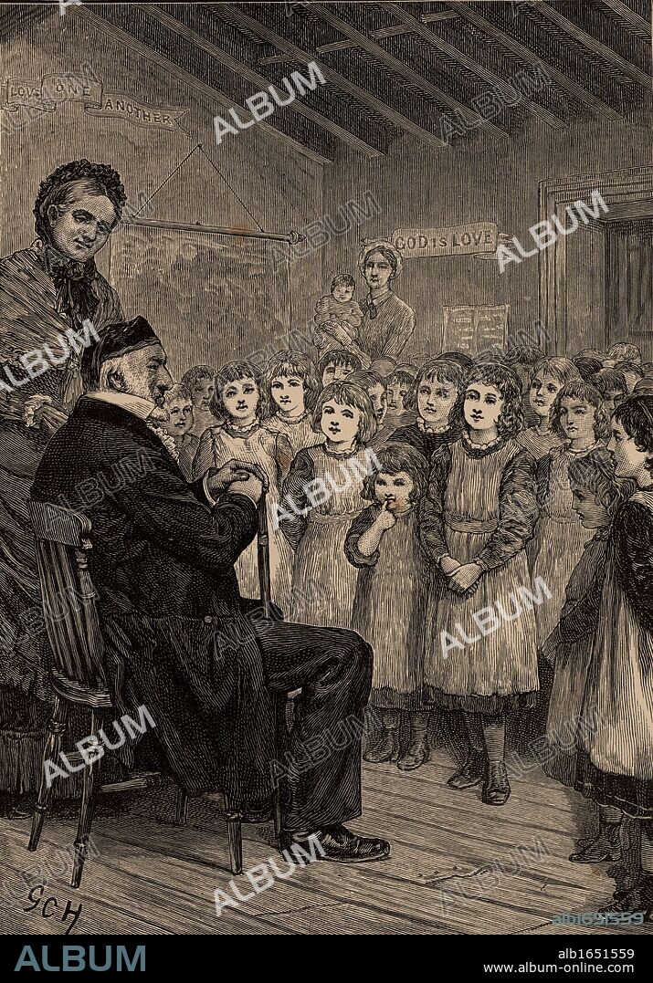 Moses Montefiore (1784-1885) Italian-born English philanthropist and campaigner for Jewish rights. Here in 1860's with girls of the Isle of Thanet Orphanage, Kent, watched by Mrs Tait, wife of the Archbishop of Canterbury. From "The Quiver" (London, 1883) (Photo by: Universal History Archive/UIG via Getty Images).