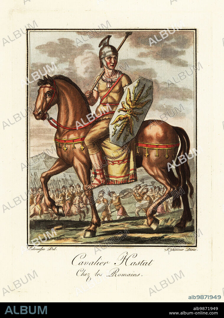 Roman hastatus or mounted lancer, ancient Rome. Mounted on a horse, wearing galea helmet, tunic, baldric belt, sagulum gregale or short trousers. Armed with shield and spear. In the background, a cohort of lancers in battle. Cavalier Hastat chez les Romains. Handcoloured copperplate drawn and engraved by L. Labrousse, artist of Bordeaux, under the direction of Jacques Grasset de Saint-Sauveur from his Lantique Rome, ou description historique et pittoresque, Ancient Rome, or historical and picturesque description, Chez Deroy, Paris, 1796.