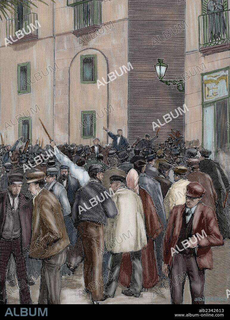 HISTORIA. BARCELONA. Manifestación obrera frente a la Capitanía General. Grabado por Rico. "La Ilustración Española y Americana", año 1890. Coloreado.