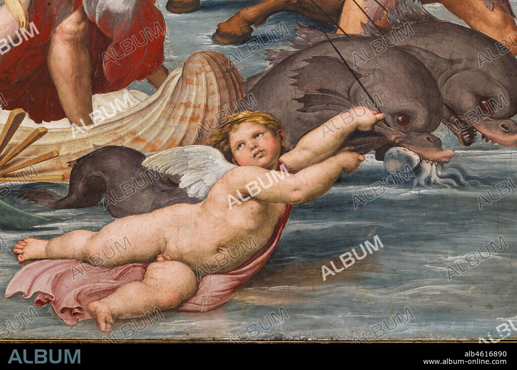 Rome, Villa Farnesina, the Loggia of Galatea: . "The Triumph of Galatea", by Raphael (1513 - 4). Galatea was the beautiful nymph whom Raphael depicted amongst a throng of sea creatures as she speeds away from her admirer on a fantastical shell drawn by dolphins.. Detail with amorini.