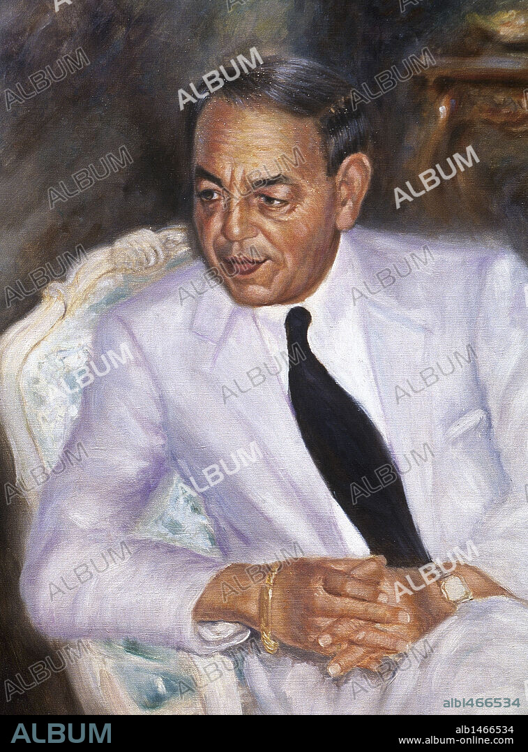 HASSAN II (n. Rabat,1929-1999). Rey de Marruecos hijo del sultán Muhammad V. Los franceses lo deportaron con su padre a Madagascar en 1953. Tras la independencia del país (1956) fue proclamado príncipe heredero en 1957, y coronado en 1961. Retrato del rey Hassan II.