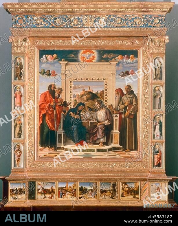 GIOVANNI BELLINI. Bellini, Giovanni. um 1430 - 1516. "Krönung Mariä mit den Heiligen Paulus, Petrus, Hieronymus und Franziskus", um 1470/75. Öl auf Holz, 262 × 240 cm. Aus der Kirche S. Francesco in Pesaro. Inv. Nr. 81. Pesaro, Museo Civico.