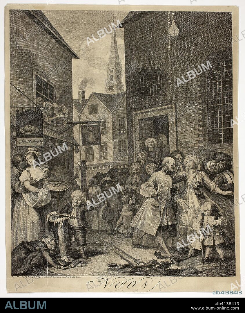 Noon, plate two from The Four Times of Day. William Hogarth; English, 1697-1764. Date: 1738. Dimensions: 451 × 381 mm (image); 485 × 398 mm (plate/sheet). Etching and engraving in black on cream laid paper. Origin: England.