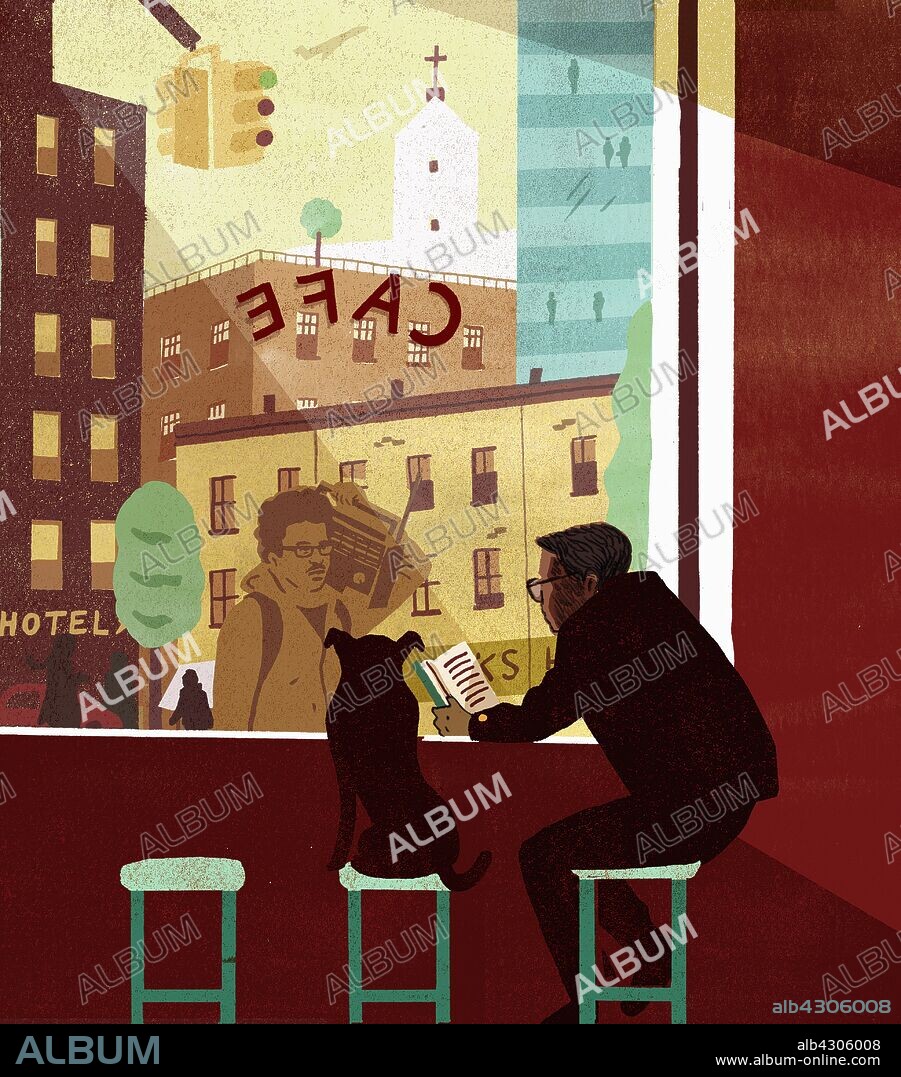 Man carrying old-fashioned boom box looking through cafe window at man reading.
