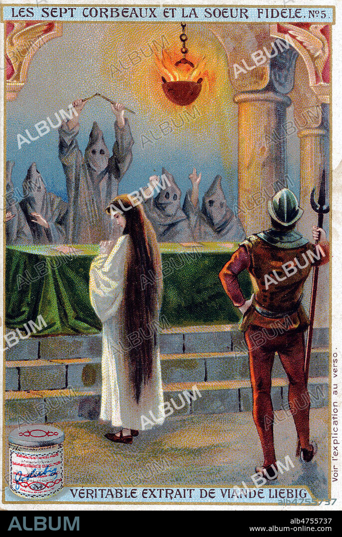 Les sept freres ou les SEPT CORBEAUX et la soeur fidele, conte des freres GRIMM: la jeune reine toujours muette met au monde des jumeaux qui se transforment eux aussi en corbeaux, on l'accuse de sorcellerie, elle est jugee, elle ne peut se defendre, toujours muette. Serie de Chromos Liebig, vers 1900. Credit KHARBINE TAPABOR.