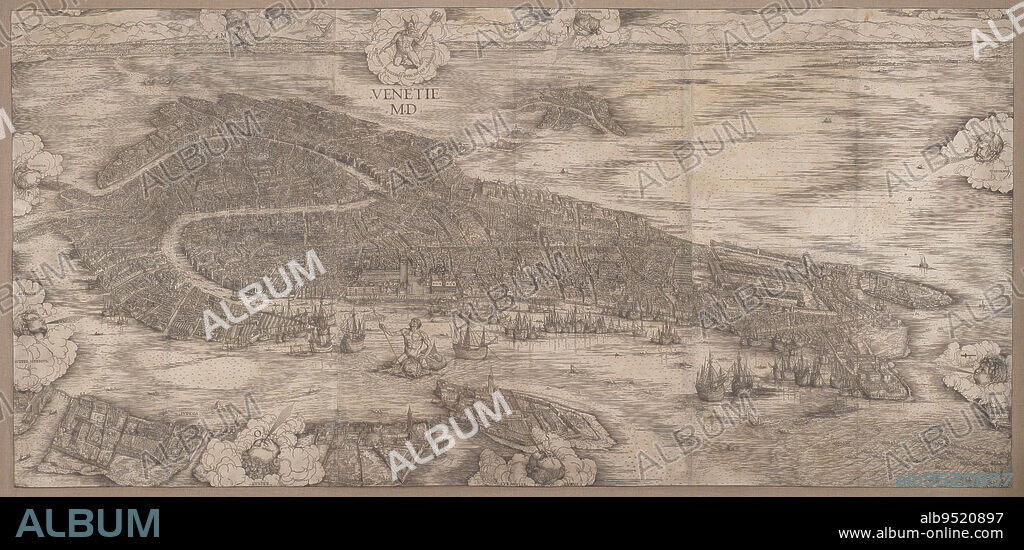 View of Venice, 1500, Jacopo de' Barbari; Publisher: Anton Kolb, Italian, (Venice), c. 1460/70before 1516, 52 1/4 x 109 1/4 in. (132.72 x 277.5 cm) (sheet)60 3/8 x 118 1/8 in. (153.35 x 300.04 cm) (outer frame), Woodcut from six blocks on six sheets of paper, Italy, 16th century, Long before the advent of balloons and other aircraft, Jacopo de' Barbari created a bird's-eye view of Venice through the power of his intellect and imagination. The mural-size print was unprecedented in scale when it was published in the year 1500. Every building, canal, and open square is documented here. One imagines Barbari and his assistants climbing up the city's 103 bell towers in order to survey the dense urban landscape. The View of Venice also features the maritime activities that made the city an international center of trade. Mercury, the god of commerce, presides over the city, while watchful Neptune, god of the seas, rides his dolphin through the harbor.