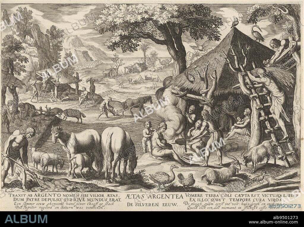The silver age: people cultivating and farming the land and working on their houses Below the image is a four-line verse in Latin and Dutch Print from a series of four prints with landscapes representing the eras of the world, The silver age Aetas Argentea The silver age The four world eras , print maker: Robert de Baudous, Antonio Tempesta, Richard Lubbaeus, Northern Netherlands, 1591 - 1659, paper, engraving, h 232 mm × w 330 mm.