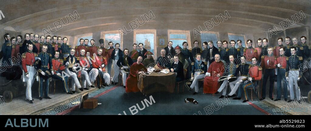 The Treaty of Nanjing, also called the 'Treaty of Nanking', was signed on the 29th of August 1842 to mark the end of the First Opium War (1839–42) between the United Kingdom of Great Britain and Ireland and the Qing Dynasty of China. It was the first of what the Chinese called the unequal treaties because Britain had no obligations in return. In the wake of China's military defeat, with British warships poised to attack the city, representatives from the British and Qing Empires negotiated aboard HMS Cornwallis anchored at Nanjing. On 29 August 1842, British representative Sir Henry Pottinger and Qing representatives, Qiying, Yilibu, and Niujian, signed the treaty. It consisted of thirteen articles and ratification by Queen Victoria and the Daoguang Emperor was exchanged nine months later.