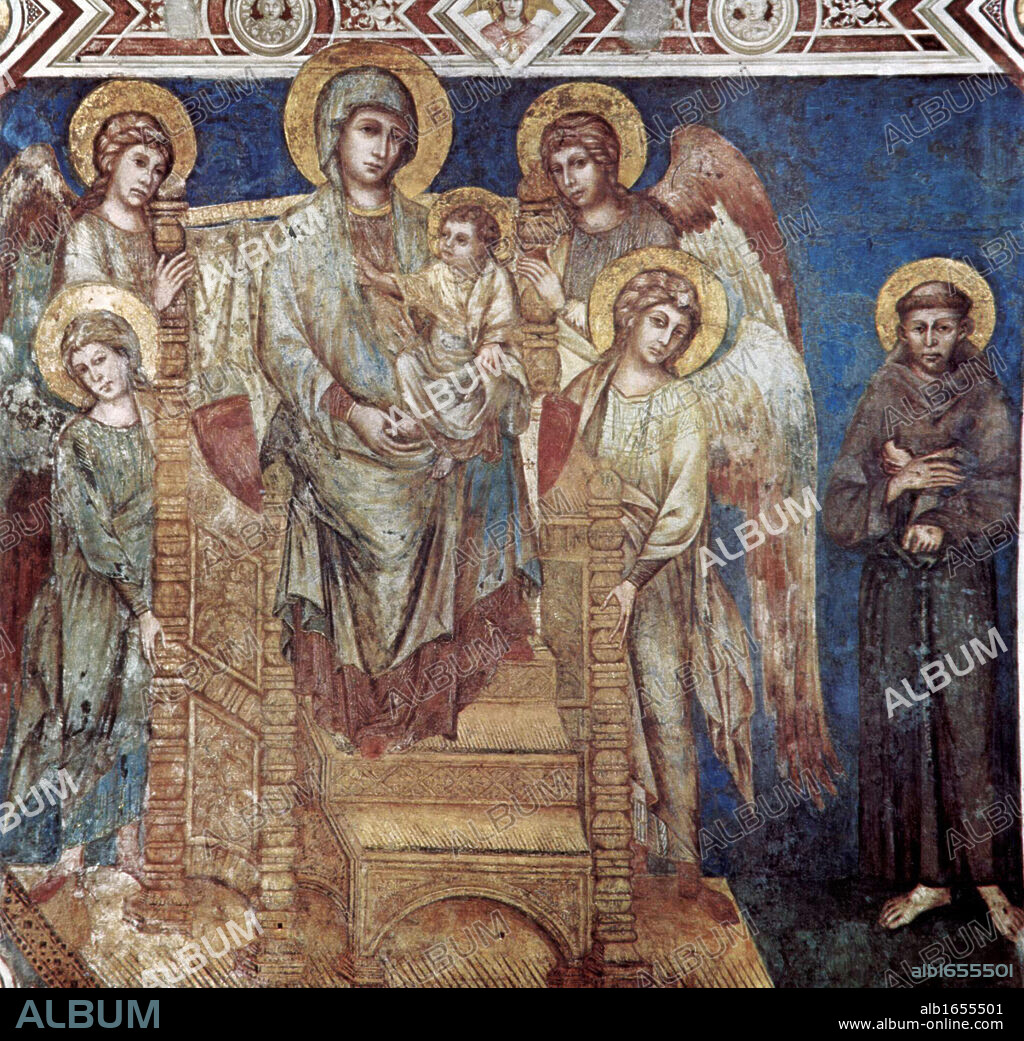 Madonna Enthroned with the Child, St Francis and Four Angels, in the Church of San Francesco in Assisi, Italy. Painted by Cenni di Pepo (Giovanni) Cimabue (c. 1240 €' c. 1302) Italian painter.
