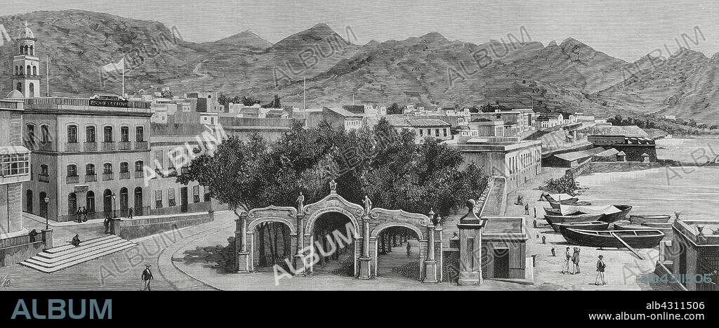 BERNARDO RICO (1825-1894). SPANISH PAINTER AND ENGRAVER.. España. Islas Canarias. Isla de Tenerife. Santa Cruz de Tenerife. Calle de la Marina y la Alameda del Muelle. Grabado por Rico. La Ilustración Española y Americana, 1883.