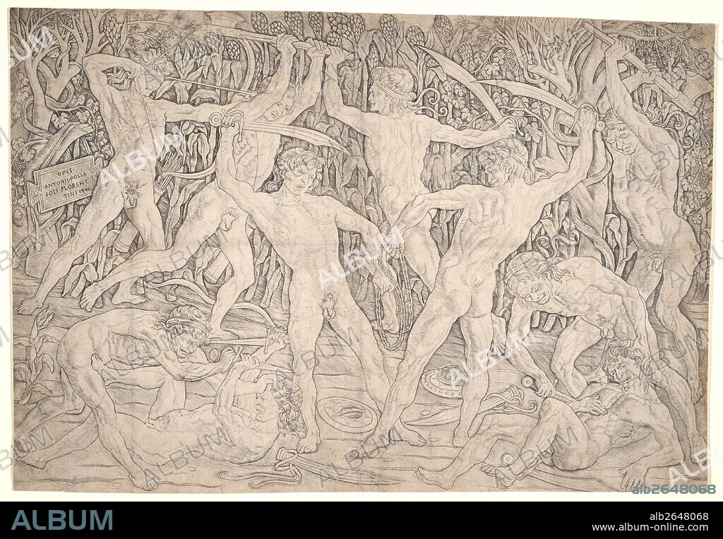 Antonio del Pollaiolo (aka Antonio del Pollaiuolo, Italian, 1431/1432 - 1498). The Battle of the Nudes, ca. 1465-1470. Engraving. Sheet: 401 mm x 578 mm (15.79 in. x 22.76 in.). Second of two states.