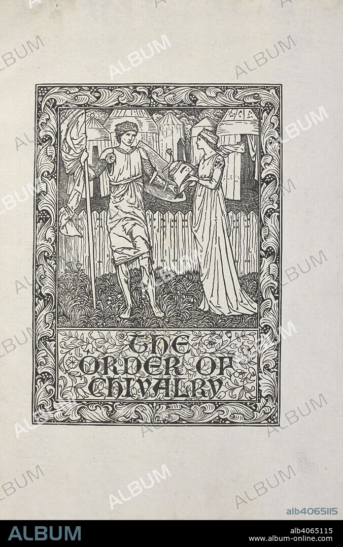 Illustration by William morris, for 'the order of chivalry.'. [A collection of proof-sheets, woodcut illustrations and borders, fly-sheets, circulars, and book-labels, printed by William Morris at the Kelmscott Press, with his autograph notes, and with MS. lists of contents by Robert Proctor, etc.]. Hammersmith : William Morris, [1891-98]. Source: C.43.f.24 plate 1.