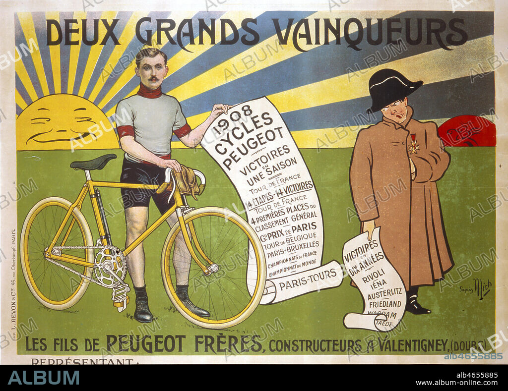 'Deux grands vainqueurs, 1908: Cycles Peugeot.' (Petit-breton aux cotes de Napoleon.) Illustration de MICH (1881-1923). Lucien PETIT-BRETON , Champion du Tour de France en 1907 et 1908 Credit: Collection Kharbine-Tapabor.