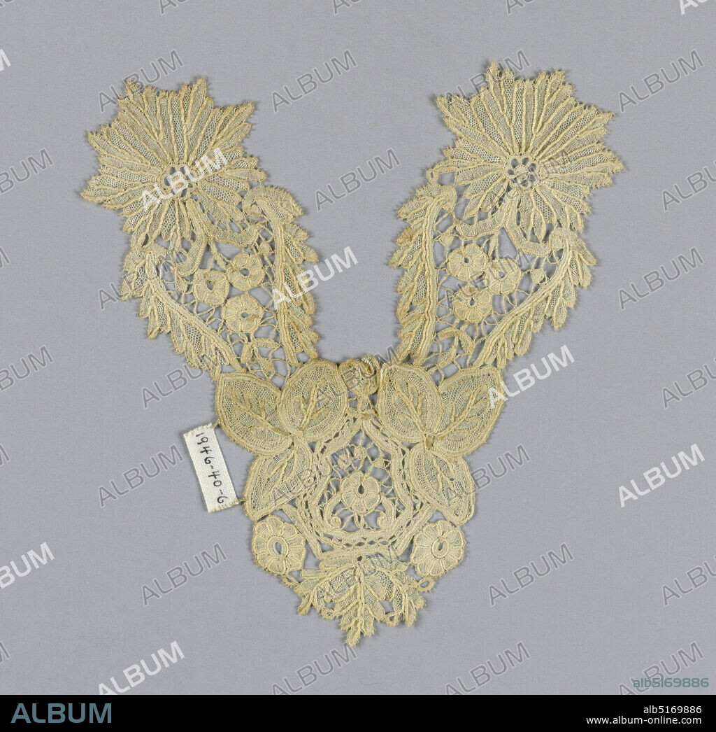 Lace ornament, Medium: linen Technique: Brussels-style bobbin lace, Ornament in design of small flowers with several types of leaves. Probably intented to be worn as a jabot., Belgium, late 19th century, lace, Lace ornament.
