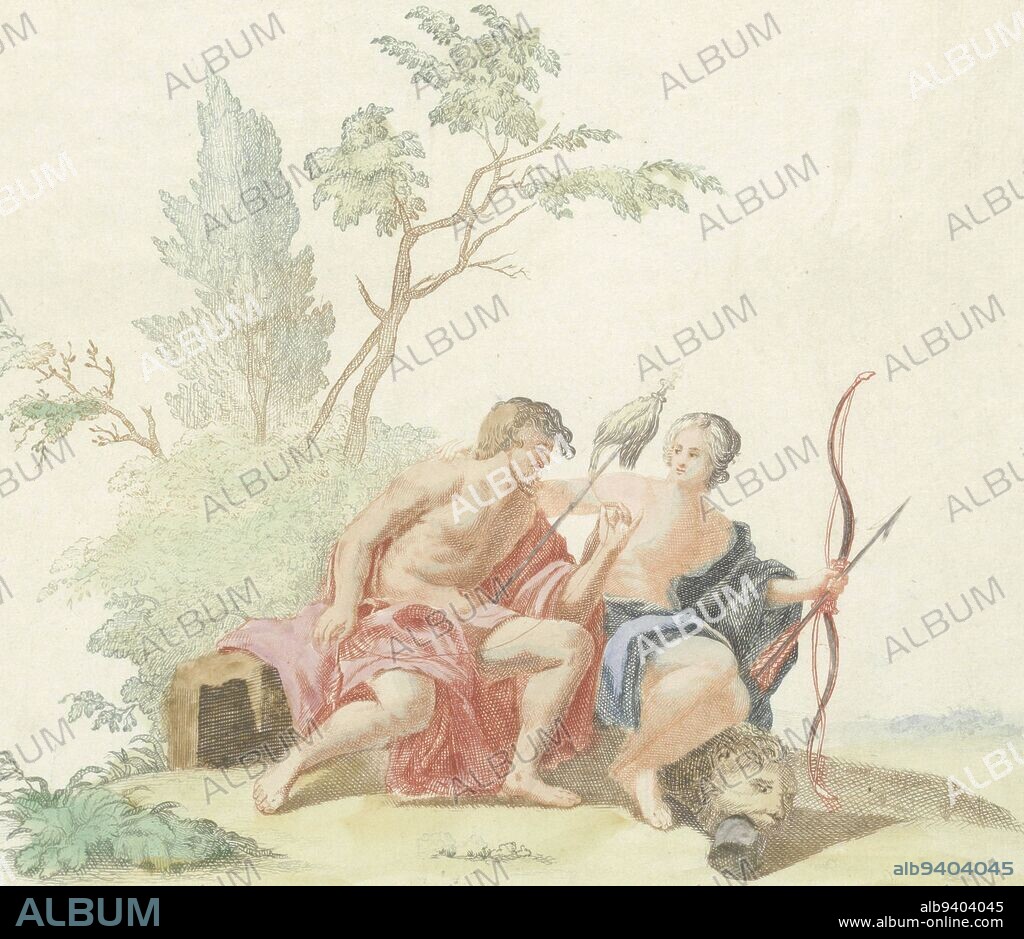 Hercules sits next to Omphale, queen of Lydia, who has put an arm around him. As a slave in the service of Omphale, Hercules was effeminate. He has her spider skirt in his hands. She has his bow and arrow and the lion skin and club are at her feet., Hercules and Omphale, print maker: anonymous, Johan Teyler, Netherlands, 1688 - 1698, paper, etching, engraving, h 263 mm, w 237 mm.