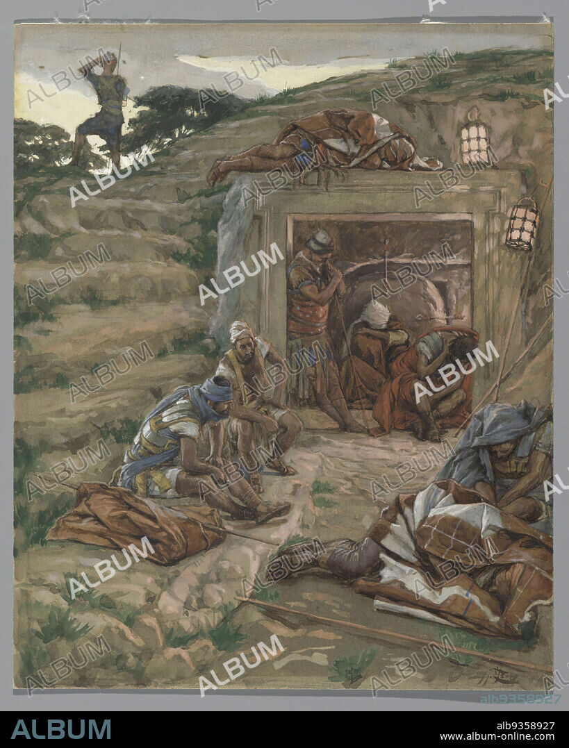 The Watch Over the Tomb, La garde du Tombeau, The Life of Our Lord Jesus Christ, La Vie de Notre-Seigneur Jésus-Christ, James Tissot, French, 1836-1902, Opaque watercolor over graphite on gray wove paper, France, 1886-1894, Image: 10 5/8 x 8 5/8 in., 27 x 21.9 cm, cave, french, graphite, guard, hill, James Tissot, Jesus, Matthew 27:22-26, Matthew 27:65-66, men, secure, sleep, soldiers, Tissot, tomb, watch, watercolor, wove paper.
