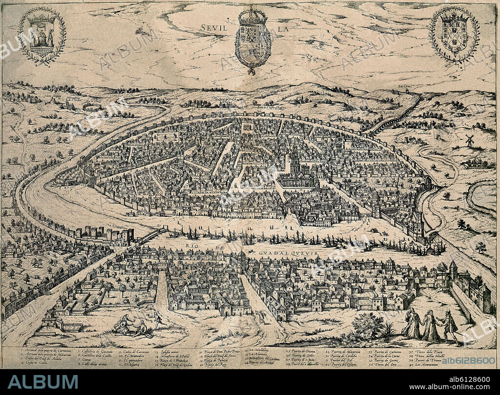 BRAUN GEORG 1541-1622 / HOGENBERG FRANS. CIVITATES ORBIS TERRARUM - VISTA DE SEVILLA - GRABADO - SIGLO XVI.