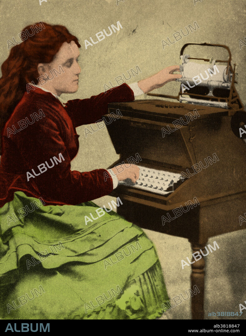 The daughter of Christopher Latham Sholes, inventor of the type-writer, writing on one of his experimental machines. The First Typist. 1872.