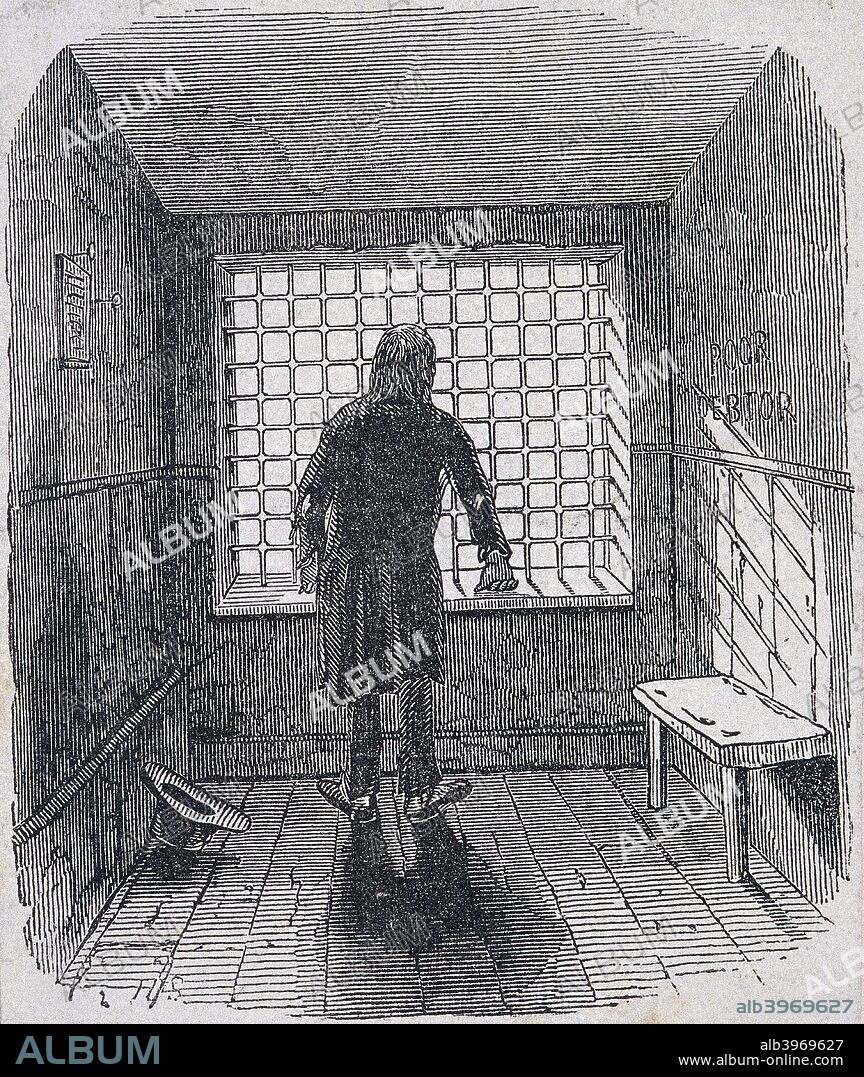 Interior view of poor debtors' room in Fleet Prison, London, c1820; back view of a man looking out through bars.