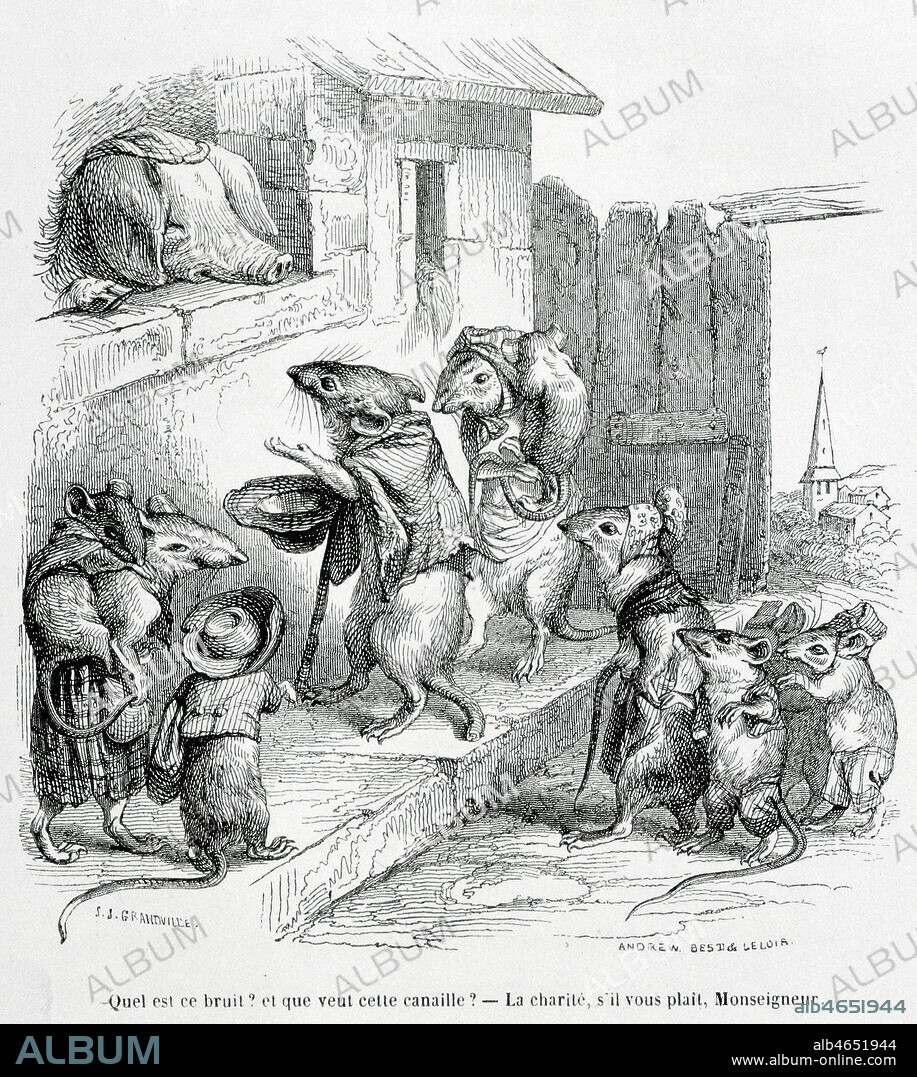 'Quel est ce bruit, et que veut cette canaille ? La charite, s'il vous plait, Monseigneur' : rats mendiant l'aumone a un cochon. Illustration par GRANDVILLE (1803-1847) tiree des 'Scenes de la vie privee et publique des animaux', en 1842 Credit : Collection KHARBINE-TAPABOR.