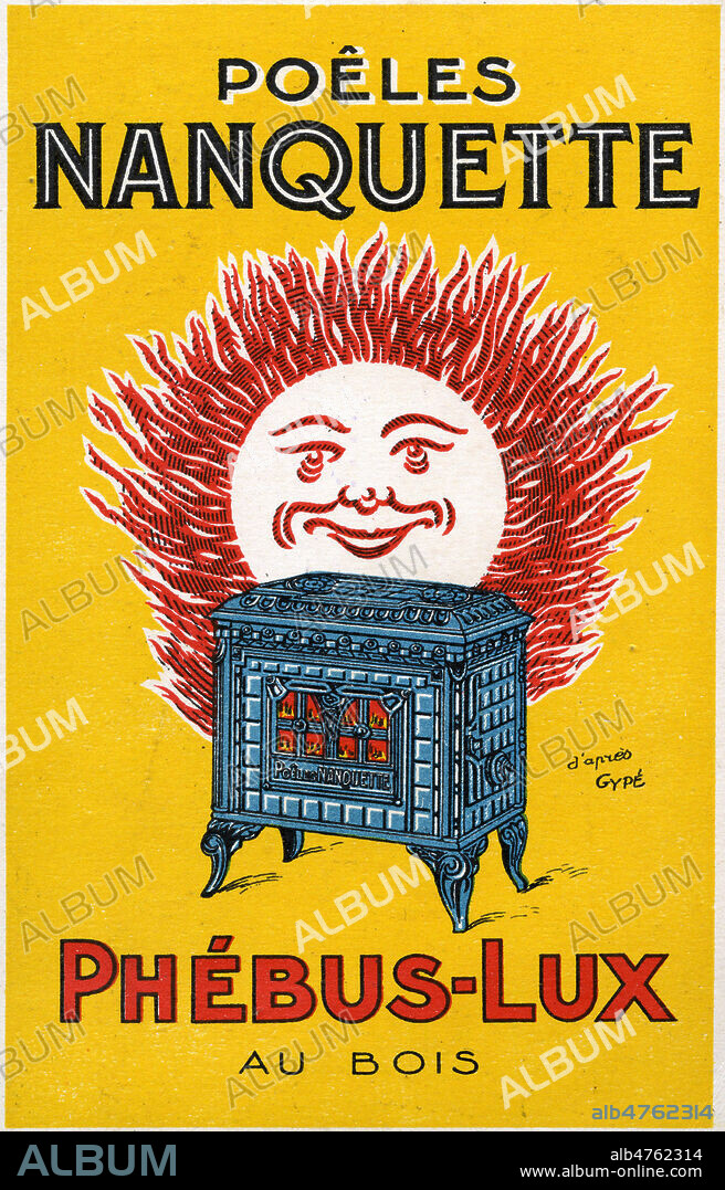 Carte publicitaire de 1926 pour les poeles a bois Nanquette Phebus-Lux. Illustration d'apres GYPE. Credit : Collection IM/KHARBINE-TAPABOR.